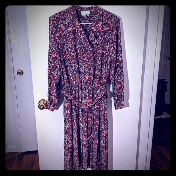 Vintage Paisley Print Dress Belted Long Sleeved - Picture 1 of 5